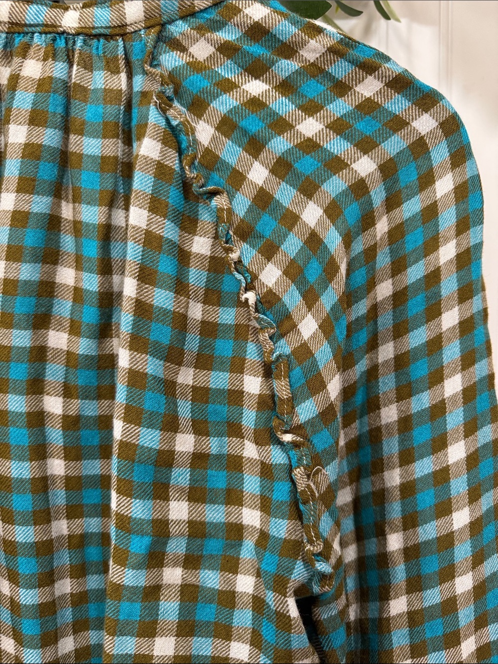 #639 Anthropologie PILCRO Breezy Teal & Olive Checked Button-Down Shirt - Picture 12 of 12